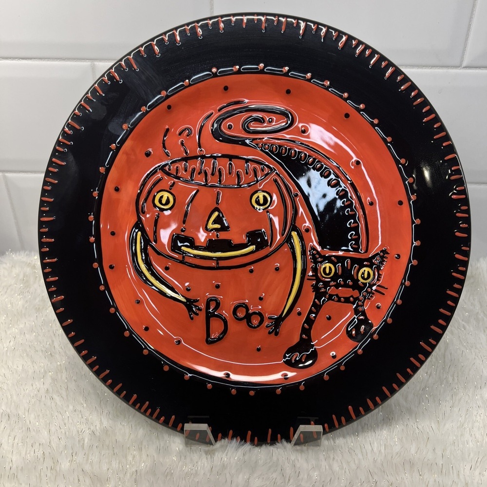 Bethany Lowe‎ Designs Halloween Sharon Bloom Black Cat Pumpkin Ceramic Plate